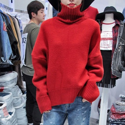 Pulover tricotat de damă modern, cu guler polo înalt și mâneci lungi în roșu