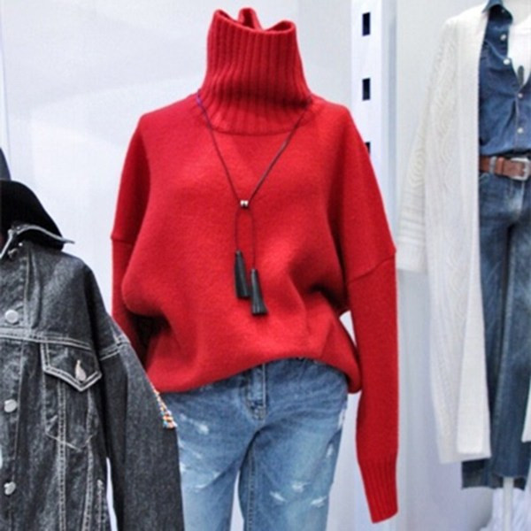 Pulover tricotat de damă modern, cu guler polo înalt și mâneci lungi în roșu