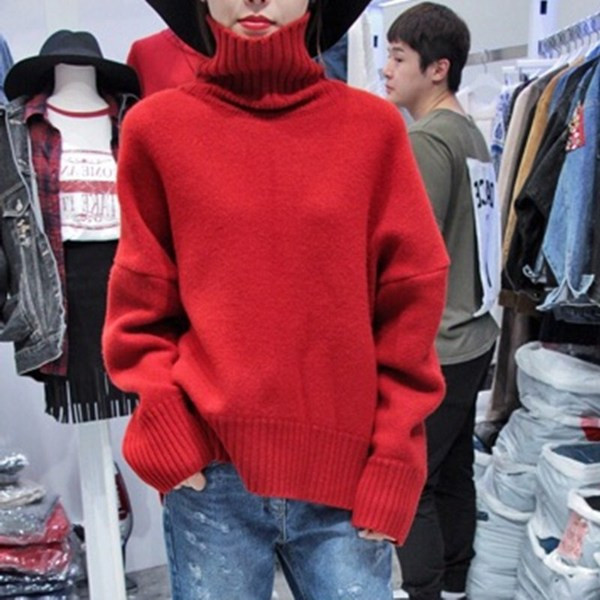 Pulover tricotat de damă modern, cu guler polo înalt și mâneci lungi în roșu