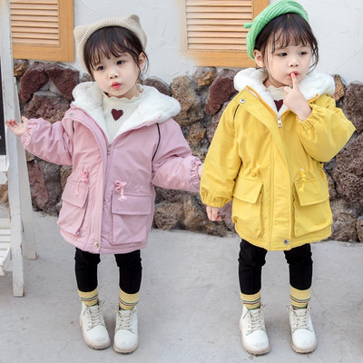 Детско зимно яке с мека подплата за момичета в розов и жълт цвят