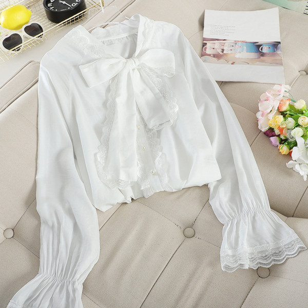 Модерна дамска риза с панделка на яката и дантела в няколко цвята