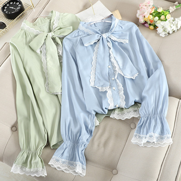 Модерна дамска риза с панделка на яката и дантела в няколко цвята