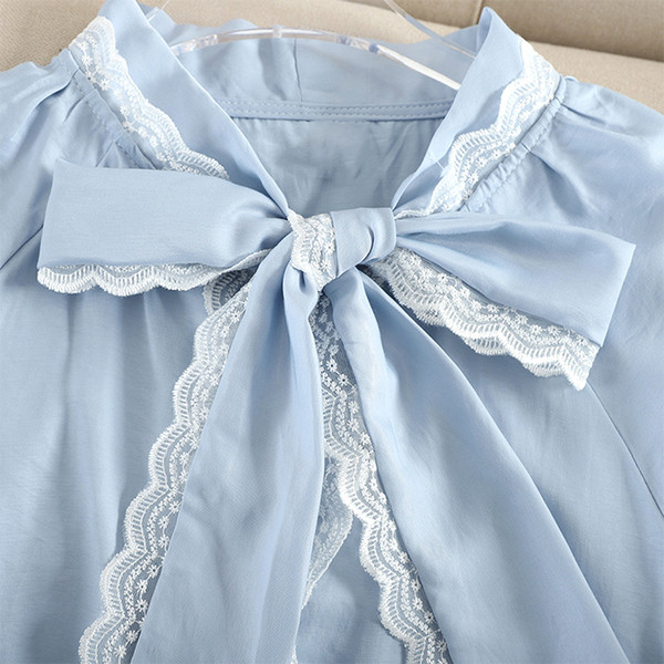 Модерна дамска риза с панделка на яката и дантела в няколко цвята