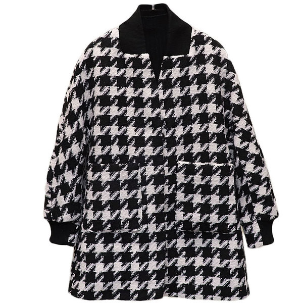 Модерно дамско карирано палто с джобове и дълъг ръкав 