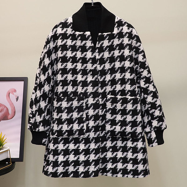 Модерно дамско карирано палто с джобове и дълъг ръкав 