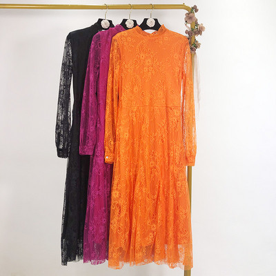 Дамска рокля от дантела в оранжев,цикламен и черен цвят