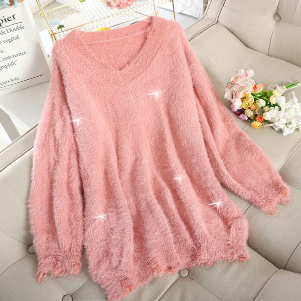 Μοντέρνο γυναικείο πουλόβερ με δαντέλα σε λευκό και ροζ χρώμα