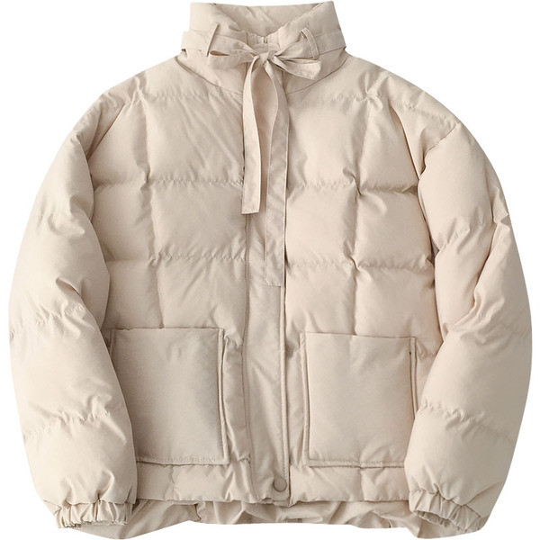 Geaca de dama moderna cu guler inalt si panglica in bej si negru