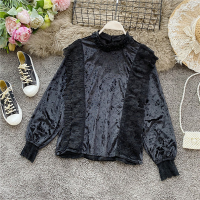 Γυναικείο casual πουκάμισο με ψηλό κολάρο βελούδου σε τρία χρώματα