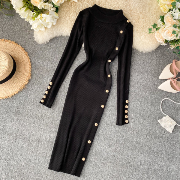 Casual γυναικείο φόρεμα με χρυσά κουμπιά σε μαύρο και κόκκινο χρώμα