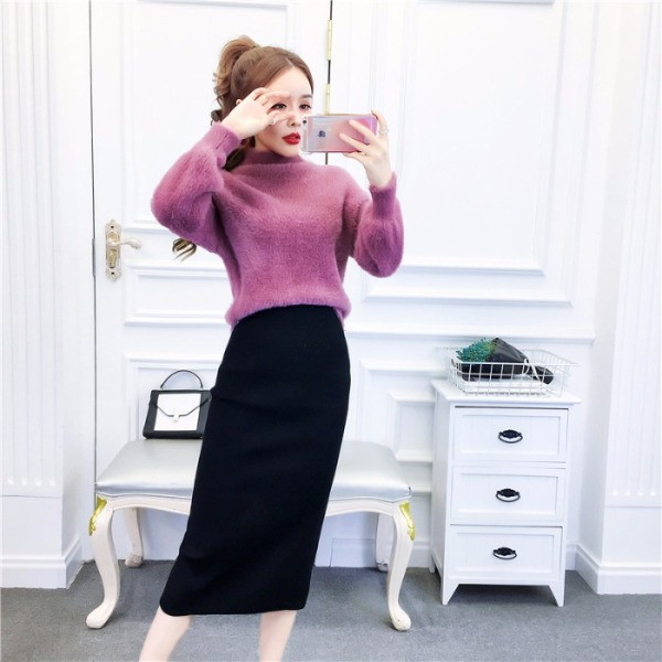 Női pulóver szett pólógallérral és hosszú szoknyával