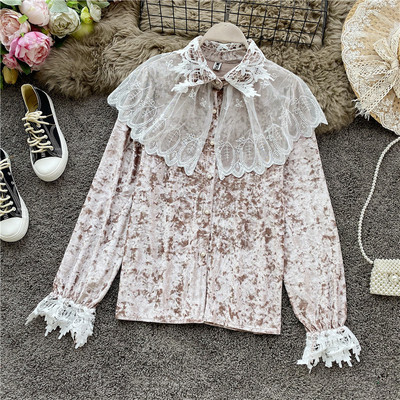 Modern női bársony ing csipkével és klasszikus gallérral több színben