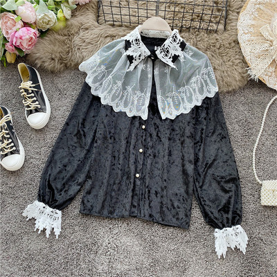 Modern női bársony ing csipkével és klasszikus gallérral több színben