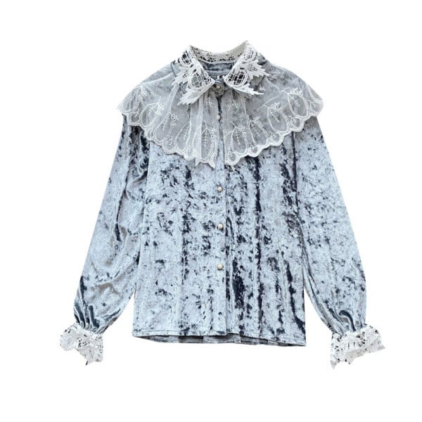 Modern női bársony ing csipkével és klasszikus gallérral több színben