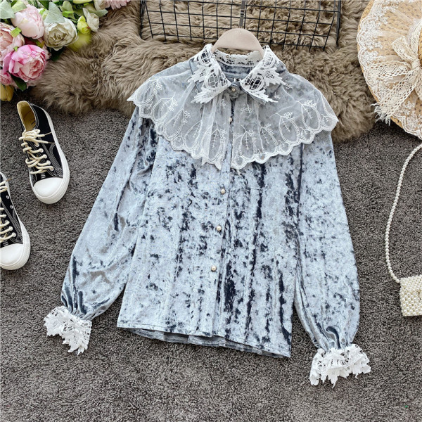 Modern női bársony ing csipkével és klasszikus gallérral több színben