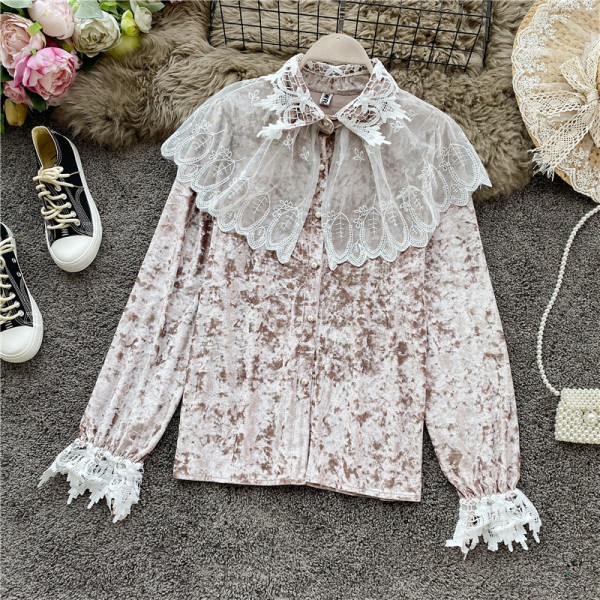 Modern női bársony ing csipkével és klasszikus gallérral több színben