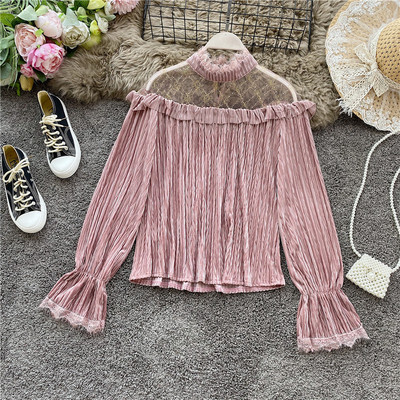 Stílusos női blúz magas gallérral és tüll fekete és rózsaszín színben