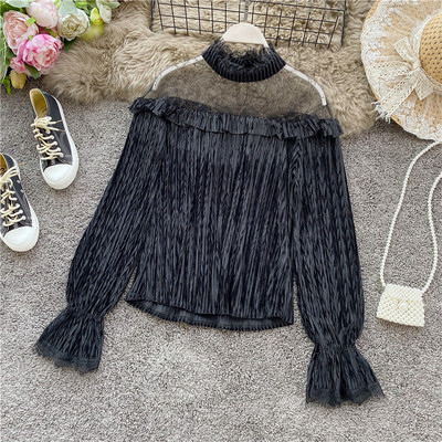 Stílusos női blúz magas gallérral és tüll fekete és rózsaszín színben