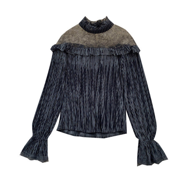 Stílusos női blúz magas gallérral és tüll fekete és rózsaszín színben