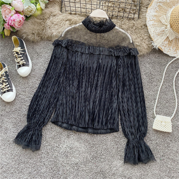 Stílusos női blúz magas gallérral és tüll fekete és rózsaszín színben