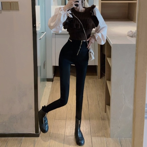 Pantaloni de damă cu talie înaltă și fermoar