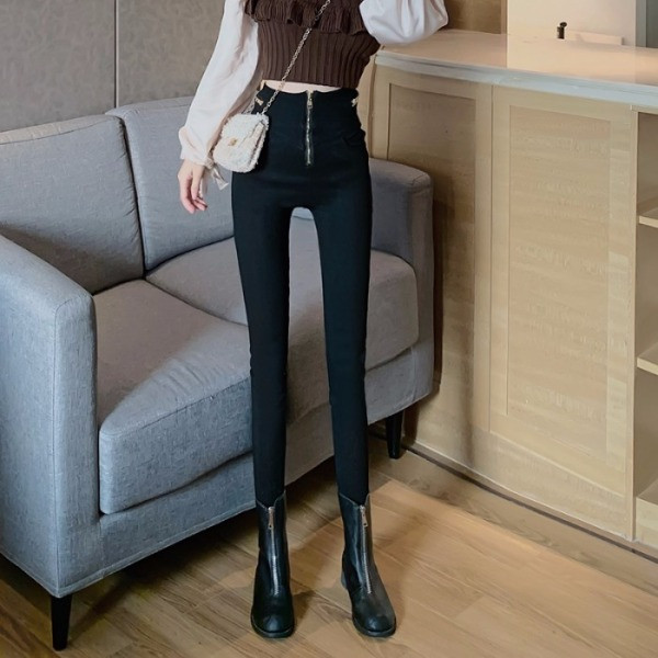 Pantaloni de damă cu talie înaltă și fermoar