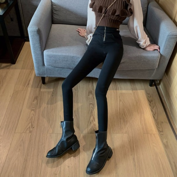 Pantaloni de damă cu talie înaltă și fermoar