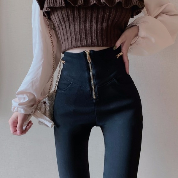 Pantaloni de damă cu talie înaltă și fermoar