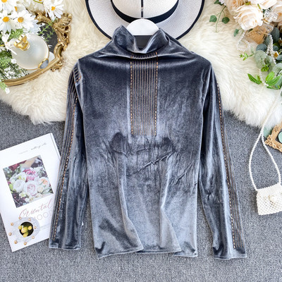 Modern női bársony blúz magas pólógallérral, több színben