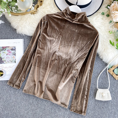 Modern női bársony blúz magas pólógallérral, több színben