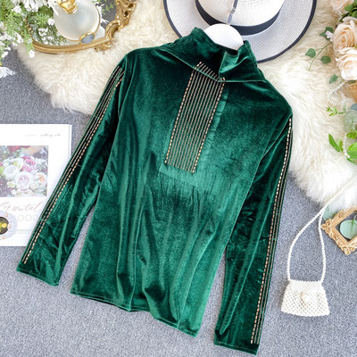 Modern női bársony blúz magas pólógallérral, több színben