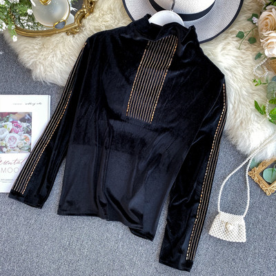 Modern női bársony blúz magas pólógallérral, több színben