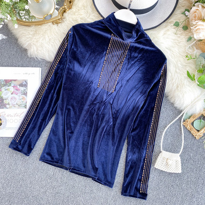 Modern női bársony blúz magas pólógallérral, több színben