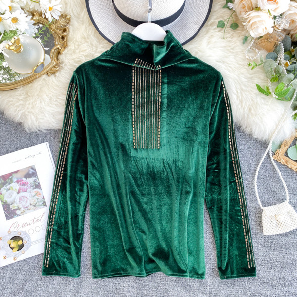 Modern női bársony blúz magas pólógallérral, több színben