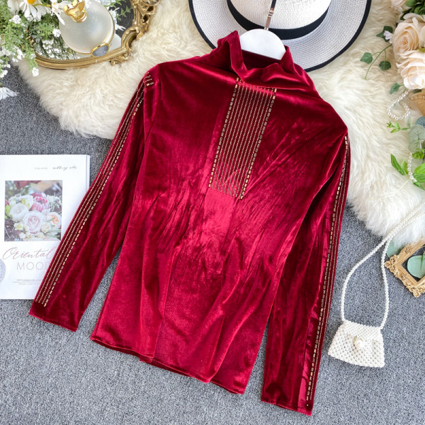 Modern női bársony blúz magas pólógallérral, több színben