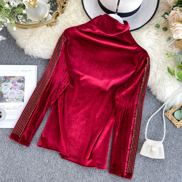 Modern női bársony blúz magas pólógallérral, több színben