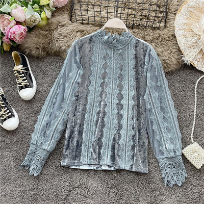 Modern női ing magas gallérral és csipkével fehér, szürke és fekete színben