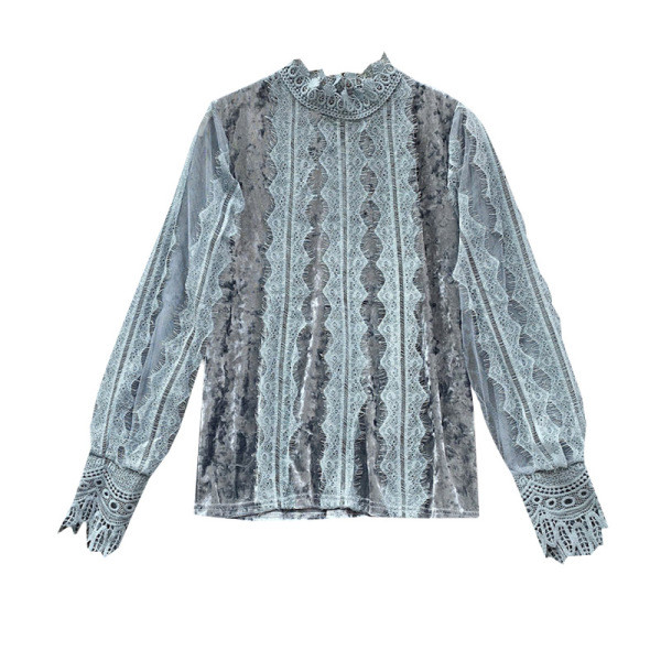 Modern női ing magas gallérral és csipkével fehér, szürke és fekete színben