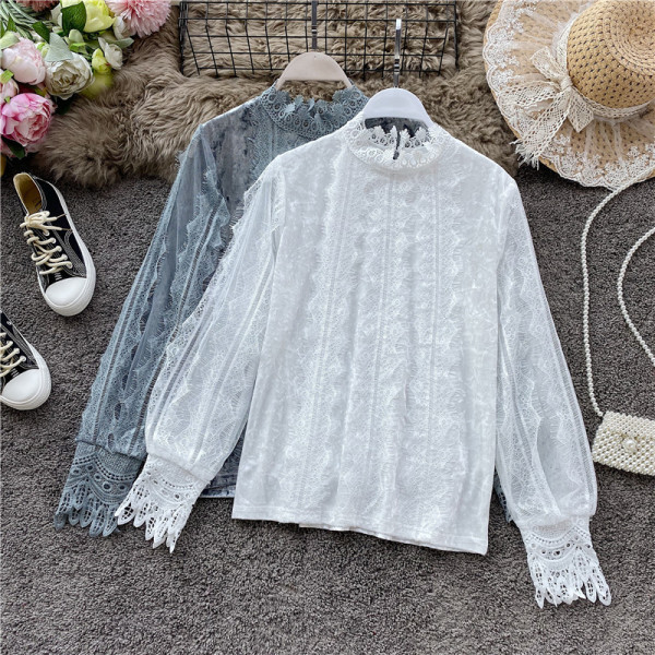 Modern női ing magas gallérral és csipkével fehér, szürke és fekete színben