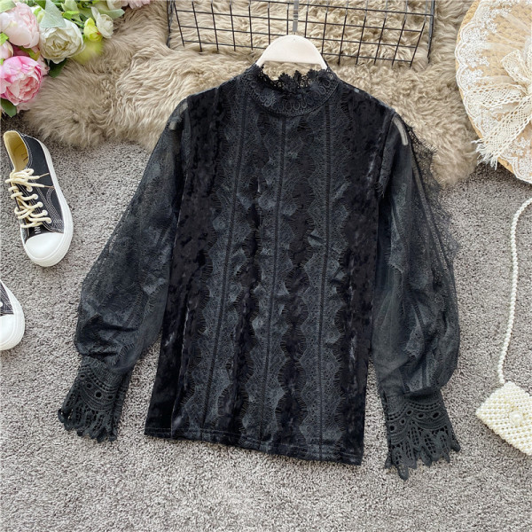 Modern női ing magas gallérral és csipkével fehér, szürke és fekete színben