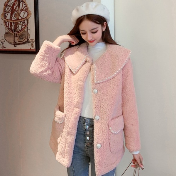 Stílusos női rövid kabát gombokkal és zsebekkel fehér, rózsaszín és sárga színben