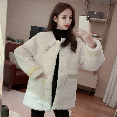 Μοντέρνο γυναικείο μακρύ παλτό με τσέπες και κουμπιά σε λευκό, κίτρινο και μπλε χρώμα