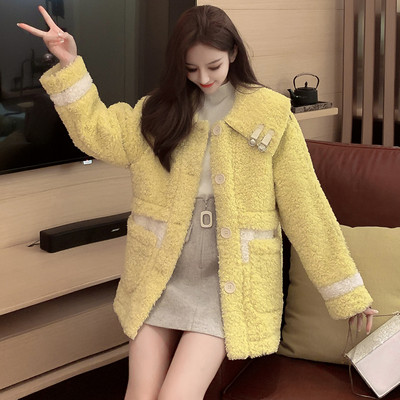 Μοντέρνο γυναικείο μακρύ παλτό με τσέπες και κουμπιά σε λευκό, κίτρινο και μπλε χρώμα