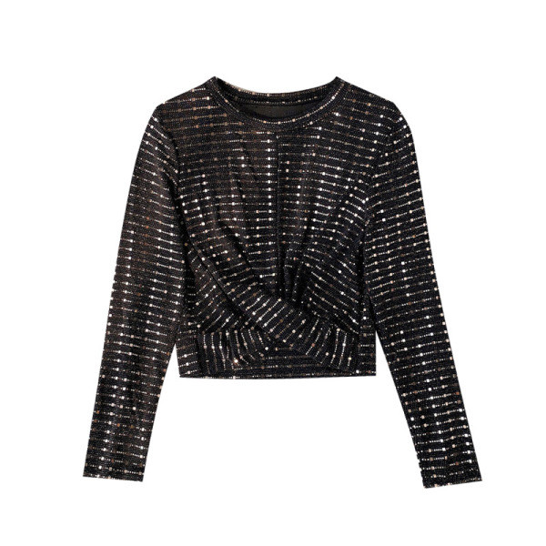 Stílusos női blúz ovális nyakkivágással, fényes hatású fekete és kék színben