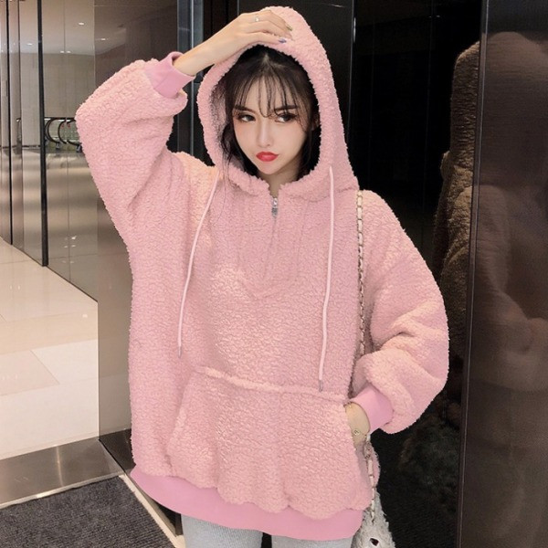 Μακρύ casual γυναικείο φούτερ με κουκούλα σε λευκά και ροζ χρώμα