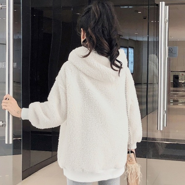 Μακρύ casual γυναικείο φούτερ με κουκούλα σε λευκά και ροζ χρώμα