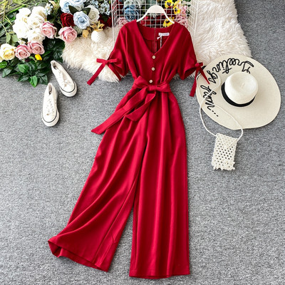 Modern női overall, rövid ujjú, övvel, négy színben