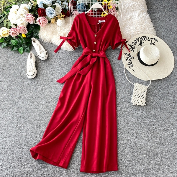 Modern női overall, rövid ujjú, övvel, négy színben