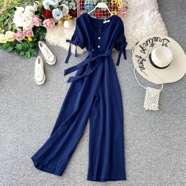 Modern női overall, rövid ujjú, övvel, négy színben