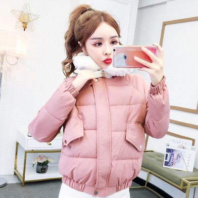 Modern női téli rövid kabát magas gallérral sárga és rózsaszín színben